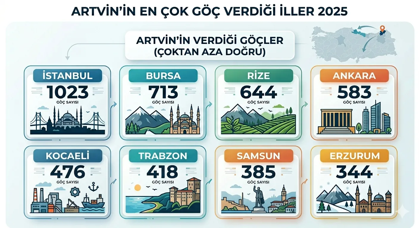 Artvin'in en çok göç verdiği iller 2025