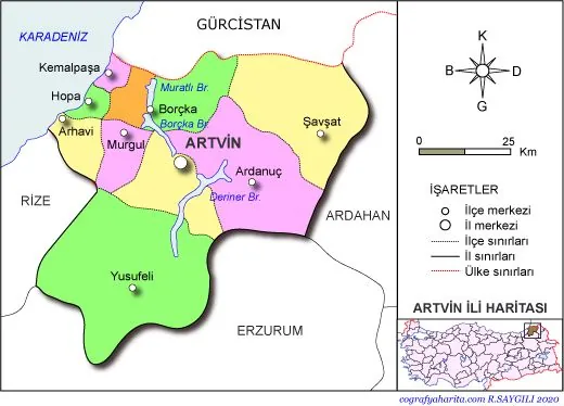 Artvin il haritası — 7.436 km kare yüzölçümü