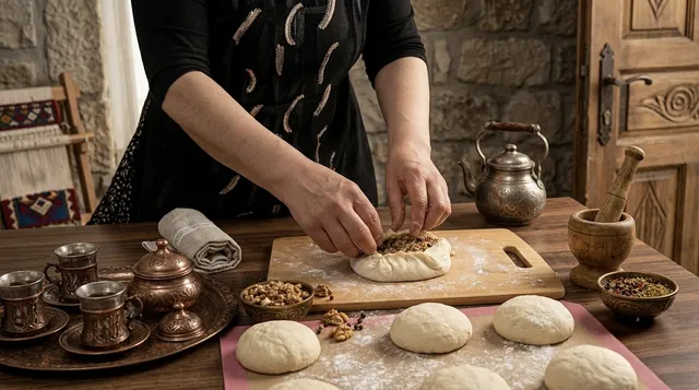 Şavşat Ketesi hamurunun katlama tekniği ve tereyağı sürülmesi